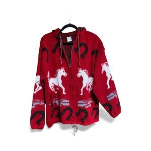 Yarina Red Wool Hooded Equestrian Zip Sweater Jacket Vintage Size L - EUC
